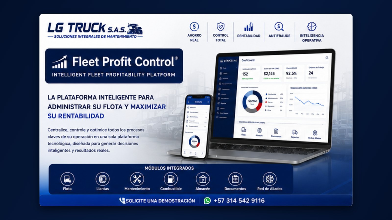 Interfaz de Fleet Profit Control en computador y móvil, con los módulos integrados de la plataforma